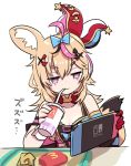  animal_ears blonde_hair breasts cleavage commentary_request cup disposable_cup drinking drinking_straw eyebrows_visible_through_hair fox_ears fox_girl fox_tail hair_between_eyes hair_ornament hairclip hat heart heart-shaped_pupils holding hololive jester_cap mcdonald&#039;s medium_breasts nintendo_switch omaru_polka purple_eyes simple_background sitting symbol-shaped_pupils tail tray virtual_youtuber white_background yoshida_on 