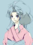  1girl blue_hair botan_(yuu_yuu_hakusho) closed_mouth highres japanese_clothes kimono long_hair looking_at_viewer ponytail simple_background smile solo yuu_yuu_hakusho 