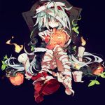  1girl bandaged_head bandaged_leg bandages black_background black_jacket black_shorts blood blood_on_face brown_eyes candle commentary_request fire flame g11_(girls_frontline) girls_frontline hair_between_eyes halloween highres holding_jack-o&#039;-lantern jack-o&#039;-lantern jacket knees_up long_hair looking_to_the_side meto_(metrin) mummy_costume red_footwear shoes shorts single_shoe sitting solo tombstone very_long_hair white_hair 