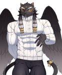  1boy alternate_costume animal_ears asutarou bara chest covered_abs covered_nipples facial_hair feathered_wings furry green_eyes jaguar_boy jaguar_ears jaguar_tail male_focus manly muscle one_eye_covered pants sweater tail tezcatlipoca_(tokyo_houkago_summoners) thick_thighs thighs tokyo_houkago_summoners upper_body wings 