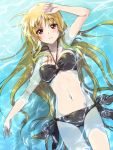  1girl afloat arm_up bangs bikini black_bikini blonde_hair breasts closed_mouth commentary_request eyebrows_visible_through_hair fate_testarossa highres kuroi_mimei light_blush long_hair looking_at_viewer lying lyrical_nanoha mahou_shoujo_lyrical_nanoha_strikers medium_breasts navel on_back partial_commentary red_eyes side-tie_bikini smile solo strapless strapless_bikini swimsuit very_long_hair water 