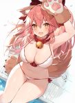  1girl :d animal_ears arm_support arm_up armpits bell bell_collar bikini bow breasts brown_eyes cat_ears cleavage collar eyebrows_visible_through_hair fang fate/grand_order fate_(series) fox_tail from_above front-tie_bikini front-tie_top hair_between_eyes hair_bow halterneck large_breasts long_hair looking_at_viewer muryotaro navel open_mouth paws pink_hair pool poolside red_bow side-tie_bikini sitting smile solo string_bikini swimsuit tail tamamo_(fate)_(all) tamamo_cat_(fate) thigh_gap thighs very_long_hair wet white_bikini 