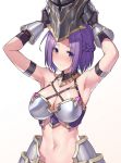  1girl arm_strap armor armpits bangs bare_shoulders bikini bikini_armor black_gloves blush braid breastplate breasts cleavage closed_mouth collarbone commentary_request crown_braid eyebrows_visible_through_hair faulds gauntlets gloves grey_bikini groin helm helmet highres holding holding_helmet jun_(princess_connect!) large_breasts looking_at_viewer midriff navel nose_blush parted_bangs princess_connect! princess_connect!_re:dive purple_eyes purple_hair shiny shiny_skin short_hair sidelocks simple_background solo standing swimsuit upper_body white_background yuewu_zhu_youdi 