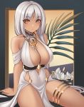 1girl arm_support azur_lane bangs bare_shoulders body_markings breasts brown_eyes center_opening cleavage collarbone commentary_request dark_skin dress english_text eyebrows_visible_through_hair facial_mark flower forehead_mark halter_dress large_breasts long_hair looking_at_viewer massachusetts_(azur_lane) massachusetts_(dressed_to_impress)_(azur_lane) nail_polish native_american navel pelvic_curtain shellvi silver_hair sitting sleeveless sleeveless_dress solo thigh_strap thighlet thighs white_dress white_nails 