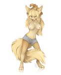  2017 anthro areola barefoot big_breasts biped breasts canid canine chest_tuft clothed clothing digital_media_(artwork) digitigrade eyes_closed female fennec fox hands_behind_head hi_res mammal nipples reysi simple_background smile solo spread_legs spreading standing topless tuft white_background 