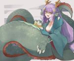  1girl alder animal_ears ball bangs bare_shoulders blunt_bangs blush breasts claws cleavage commentary_request dragon_ears dragon_girl dragon_horns dragon_wings eyebrows_visible_through_hair from_behind fur head_fins holding holding_ball horns japanese_clothes lamia long_hair medium_breasts monster_girl monster_girl_encyclopedia open_mouth purple_hair ryuu_(monster_girl_encyclopedia) scales smile solo tail wide_sleeves wings yellow_eyes 