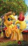  2012 apple applejack_(mlp) basket blonde_hair check_translation clothing cowboy_hat cutie_mark detailed_background earth_pony equid equine female fence feral food freckles friendship_is_magic fruit fur grass green_eyes hair hasbro hat headgear headwear hi_res horse ipan looking_at_viewer mammal my_little_pony open_mouth orange_body orange_fur outside plant pony rainbow scenery solo text translation_request tree wood 