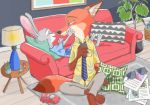  2020 anthro blush bottomwear canid canine cellphone clothing detailed_background disney duo eyes_closed eyewear female fox fur furniture grey_body grey_fur hb_runo hi_res holding_cellphone holding_object holding_phone inside judy_hopps keys lagomorph lamp leporid looking_at_another male mammal necktie nick_wilde orange_body orange_fur pants phone pillow plant potted_plant rabbit reclining red_fox shirt sitting sofa sunglasses table topwear zootopia 