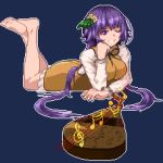 1girl bare_legs barefoot biwa_lute breasts double_dealing_character flower hair_flower hair_ornament instrument large_breasts long_hair long_sleeves looking_at_viewer lowres lute_(instrument) musical_note nukekip pixel_art purple_eyes purple_hair shirt simple_background skirt smile solo touhou tsukumo_benben twintails white_shirt 