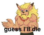  abs ambiguous_gender anthro biceps black_nose blue_eyes bottomwear brown_hair claws clothed clothing collar digimon digimon_(species) ear_piercing facial_hair felid feline fur guess_i&#039;ll_die hair leomon lion long_ears looking_at_viewer male mammal mane meme muscular muscular_anthro muscular_male pantherine pants piercing scar simple_background solo text time-lime_(artist) topless yellow_body yellow_fur 