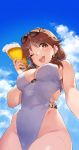  1girl 92m ;d alcohol beer blue_sky breasts brown_eyes brown_hair casual_one-piece_swimsuit cloud commentary_request eyewear_on_head from_below glass highleg highleg_swimsuit highres idolmaster idolmaster_cinderella_girls katagiri_sanae large_breasts long_hair looking_at_viewer low_twintails o-ring o-ring_swimsuit one-piece_swimsuit one_eye_closed open_mouth round_teeth short_twintails sky smile solo sunglasses swimsuit teeth twintails upper_teeth white_swimsuit 