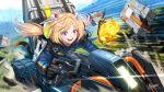  1girl ahoge aki_rosenthal artist_name bangs black_gloves blonde_hair blue_jumpsuit blurry blurry_background blush commentary_request container cosplay day death_stranding detached_hair driving eyebrows_visible_through_hair gloves grass ground_vehicle highres hikosan20216917 hololive long_hair motion_lines motor_vehicle open_mouth parted_bangs purple_eyes sam_porter_bridges sam_porter_bridges_(cosplay) solo virtual_youtuber 