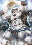  1boy abs animal_ears bara body_hair bulge censored chest dog_boy facial_hair flaccid furry grey_hair highres horkeu_kamui_(tokyo_houkago_summoners) male_focus manly mosaic_censoring multicolored_hair muscle naked_towel navel nipples pectorals penis penis_peek revealing_clothes rossciaco shirtless short_hair showering silver_hair solo testicles thick_thighs thighs tokyo_houkago_summoners towel upper_body washing water wet 