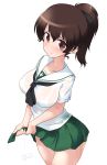  1girl blush breasts brown_eyes brown_hair closed_mouth collarbone covered_nipples eyebrows_visible_through_hair girls_und_panzer green_skirt hair_ornament hair_ribbon highres koyama_yuzu kuzuryuu_kennosuke large_breasts looking_at_viewer ooarai_school_uniform pleated_skirt ponytail ribbon school_uniform shiny shiny_hair shiny_skin simple_background skirt smile solo wet wet_clothes white_background wringing_clothes 