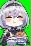  1girl ^_^ armor blush_stickers bowl breasts chewing chopsticks cleavage_cutout closed_eyes cropped_torso eating eyebrows_visible_through_hair food food_on_face green_background gyuudon holding holding_bowl hololive large_breasts namu76 raised_eyebrows rice rice_on_face shirogane_noel short_hair silver_hair simple_background solo thick_outlines virtual_youtuber 