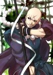  1boy bald beads blue_eyes canal001 cross_scar fate/grand_order fate_(series) gloves holding houzouin_inshun_(fate/grand_order) looking_to_the_side male_focus monk plant polearm prayer_beads scar smile smirk solo spear weapon 