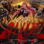  4girls arknights bass_guitar blonde_hair drum drumsticks green_hair instrument loudspeaker microphone multiple_girls official_art red_eyes red_hair road_sign sign sunset television yellow_eyes 