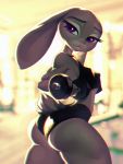  anthro big_butt blurred_background breasts butt clothed clothing disney exercise female fur girlwithdrill grey_body grey_fur gym inside judy_hopps lagomorph leporid looking_at_viewer looking_back mammal midriff narrowed_eyes nipple_outline purple_eyes rear_view scut_tail seductive seductive_eyes small_breasts solo standing thick_thighs weightlifting weights wide_hips workout zootopia 