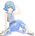  1girl :o arm_up bangs blue_eyes blue_hair blue_pants blue_sailor_collar breasts commentary_request covered_navel eyebrows_visible_through_hair flip-flops gekishinn gold_hairband hairband looking_at_viewer one-piece_swimsuit open_mouth pants pokemon pokemon_(game) pokemon_sm sailor_collar sandals shirt short_hair sleeveless small_breasts solo suiren_(pokemon) swimsuit swimsuit_under_clothes toes tongue trial_captain wet wet_clothes 