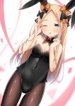  1girl abigail_williams_(fate/grand_order) animal_ears bangs black_bow black_leotard blonde_hair blue_eyes blush bow breasts bunny_ears bunnysuit covered_navel detached_collar fate/grand_order fate_(series) fishnet_legwear fishnets forehead hair_bow highleg highleg_leotard leotard lokyin_house long_hair looking_at_viewer multiple_bows one_eye_closed open_mouth orange_bow parted_bangs polka_dot polka_dot_bow small_breasts strapless strapless_leotard thighs 