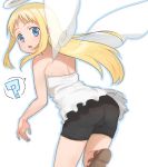  1other ? angel angel_wings black_shorts blonde_hair blue_eyes crimvael dress halo ishuzoku_reviewers komiya_harumoto long_hair looking_at_viewer looking_back off-shoulder_dress off_shoulder open_mouth sandals shorts sidelocks solo spoken_question_mark white_dress wings 