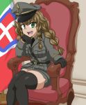  1girl black_gloves black_neckwear braid eyebrows_visible_through_hair fasces_(object) fiorella_alessandra_salvatore_cristina_ildegarda_severino_di_torino_acciuga flag gloves green_eyes hair_ornament hat head_rest hideyoshiao1 highres italian_kingdom_flag light_brown_hair long_hair looking_at_viewer military military_hat military_uniform necktie open_mouth original sitting solo thick_thighs thighhighs thighs throne uniform 