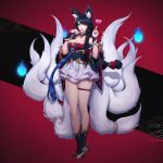  1girl ahri animal_ear_fluff animal_ears banned_artist bare_shoulders black_hair blue_nails breasts cleavage clothing_request collarbone commentary cowlick english_commentary finger_to_chin fingernails fox_ears fox_tail full_body heart highres hitodama index_finger_raised league_of_legends long_fingernails long_hair looking_at_viewer medium_breasts multiple_tails nail_polish paul_kwon simple_background solo standing tail tsurime vastaya whisker_markings 