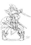 1girl animal_ears arm_up armlet armor artist_name boots breasts cleavage clenched_teeth collarbone commentary_request dagger dual_wielding faulds furry greyscale hair_intakes headband highres holding holding_weapon horns jpeg_artifacts legend_of_mana long_hair medium_breasts monochrome pigeon-toed seiken_densetsu sheath shoulder_armor sierra signature simple_background single_horn sketch socks solo tail tamanosuke teeth vambraces weapon white_background winged_footwear 