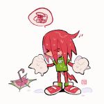  1:1 anthro aukives clothing echidna eyes_closed footwear gloves hair handwear knuckles_the_echidna male mammal monotreme raining red_body red_hair shirt shoes simple_background solo sonic_the_hedgehog_(series) spikes topwear umbrella wet white_background 