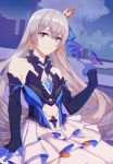  1girl bangs black_gloves bronya_zaychik bronya_zaychik_(herrscher_of_reason) bug butterfly cityscape commentary_request crossed_bangs crown dress earrings elbow_gloves gloves hair_ornament highres honkai_(series) honkai_impact_3rd insect jewelry layered_dress looking_at_viewer mini_crown silence_(pixiv18541142) silver_eyes silver_hair stomach_cutout thighhighs 