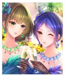 2girls :d absurdres alcohol bangs blue_eyes blue_hair blurry blurry_background bracelet brown_hair cup drinking_glass earrings eyebrows_visible_through_hair feather_earrings feathers gloves green_eyes hair_ornament hayami_kanade heterochromia highres huge_filesize idolmaster idolmaster_cinderella_girls jewelry lace lace_gloves light_blush mole mole_under_eye multiple_girls nyome991 one_eye_closed open_mouth short_hair smile takagaki_kaede upper_body upper_teeth wine wine_glass yellow_eyes 