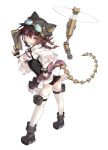  1girl :3 animal_hat bangs black_panties braid brown_hair cat_hat fang from_behind full_body gloves goggles goggles_on_headwear gun hair_between_eyes half_gloves hand_on_hip hat holding holding_gun holding_weapon looking_at_viewer medium_hair original panties red_eyes saru slit_pupils smile solo steampunk tail thighhighs twin_braids underwear weapon white_background white_legwear 