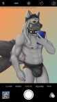  anthro bulge canid canine canis cellphone clothing collar hat headgear headwear hi_res jockstrap looking_at_viewer male male/male mammal nihontd nihonthedragon nipples phone photo smartphone solo underwear wolf 