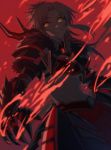  1girl absurdres armor blonde_hair breasts claws cleavage dark_persona dutch_angle fate/grand_order fate_(series) glowing glowing_eyes groin highres midriff mordred_(fate) mordred_(fate)_(all) navel ponytail rating red_background small_breasts smile solo underboob yellow_eyes yorukun 
