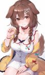  1girl animal_ears blush breasts brown_eyes brown_hair choker cleavage collarbone commentary_request cowboy_shot dog_ears dog_girl hair_between_eyes highres hololive inugami_korone large_breasts looking_at_viewer oyu_(sijimisizimi) simple_background smile solo virtual_youtuber white_background 