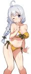  1girl ahoge bangs bikini blue_eyes blush braid breasts eyebrows_visible_through_hair homura_shinji kizuna_akari large_breasts long_hair one_eye_closed silver_hair simple_background single_braid solo star_(symbol) strapless strapless_bikini striped striped_bikini swimsuit v voiceroid white_background yellow_bikini 