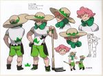  1boy bangs closed_eyes closed_mouth concept_art freckles gloves green_shorts gym_leader hat hoe holding male_focus official_art pink_hair pokemon pokemon_(game) pokemon_swsh rurina_(pokemon) scan shirt shoes shorts single_glove smile teeth translation_request white_shirt yarrow_(pokemon) 