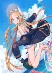  1girl abigail_williams_(fate/grand_order) abigail_williams_(swimsuit_foreigner)_(fate) bangs bare_shoulders barefoot bikini black_cat black_jacket blonde_hair blue_eyes blue_sky blush bonnet bow breasts cat fate/grand_order fate_(series) food forehead fruit hair_bow innertube jacket legs long_hair long_sleeves looking_at_viewer miniskirt nagu ocean off_shoulder open_clothes open_jacket open_mouth parted_bangs sidelocks skirt sky small_breasts swimsuit twintails very_long_hair watermelon white_bikini white_bow white_headwear 
