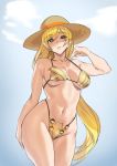  1girl ashiomi_masato bikini blonde_hair blue_eyes breasts cleavage collarbone commentary_request cowboy_shot guilty_gear guilty_gear_strive hat long_hair looking_at_viewer medium_breasts millia_rage navel solo stomach swimsuit 