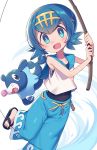  1girl bangs blue_eyes blue_hair blue_sailor_collar blush commentary_request covered_navel fishing_line fishing_rod hairband holding holding_fishing_rod looking_at_viewer one-piece_swimsuit open_mouth pokemon pokemon_(creature) pokemon_(game) pokemon_sm sailor_collar shirt short_hair sleeveless smile suiren_(pokemon) swimsuit swimsuit_under_clothes tongue trial_captain wagashi928 
