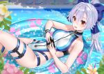  1girl bangs blue_bow blue_swimsuit blush bow breasts fate/grand_order fate_(series) hair_between_eyes hair_bow hakuda_tofu highleg highleg_swimsuit innertube large_breasts long_hair looking_at_viewer one-piece_swimsuit open_mouth ponytail pool red_eyes silver_hair smile swimsuit thigh_strap thighs tomoe_gozen_(fate/grand_order) tomoe_gozen_(swimsuit_saber)_(fate) two-tone_swimsuit water white_swimsuit 