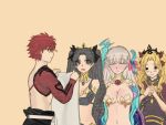  1boy 3girls anklet armlet armor asymmetrical_legwear asymmetrical_sleeves bangs bare_shoulders bikini bikini_armor black_hair blonde_hair blush bow breasts cape closed_eyes crown detached_sleeves earrings elbow_gloves emiya_shirou ereshkigal_(fate/grand_order) eyebrows_visible_through_hair fate/grand_order fate/stay_night fate_(series) gloves gold_trim hair_between_eyes hair_bow hair_ribbon highres hood hooded_cape hoop_earrings igote ishtar_(fate)_(all) ishtar_(fate/grand_order) japanese_clothes jewelry jzjd5557 kama_(fate/grand_order) large_breasts limited/zero_over long_hair long_sleeves medium_breasts mismatched_bikini multicolored multicolored_cape multicolored_clothes multiple_girls navel neck_ring orange_hair parted_bangs red_cape red_eyes red_hair ribbon ring sengo_muramasa_(fate) silver_hair single_bare_shoulder single_detached_sleeve single_elbow_glove single_sleeve single_thighhigh smile swimsuit thighhighs thighlet tiara toeless_legwear two_side_up very_long_hair yellow_eyes 