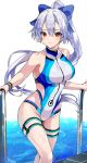  1girl alracoco blush bow fate/grand_order fate_(series) hair_bow handrail highres one-piece_swimsuit ponytail red_eyes signature smile swimsuit thigh_strap tomoe_gozen_(fate/grand_order) tomoe_gozen_(swimsuit_saber)_(fate) water water_drop wet wet_clothes wet_swimsuit white_hair wristband 