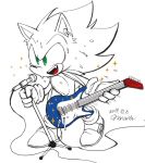  2019 anthro biped bodily_fluids clothing dated eulipotyphlan footwear gloves green_eyes guitar handwear hedgehog holding_guitar holding_object male mammal microphone musical_instrument nonananana open_mouth open_smile plucked_string_instrument shoes smile solo sonic_the_hedgehog sonic_the_hedgehog_(series) sparkles standing string_instrument sweat 