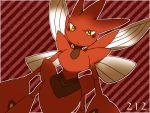  2013 4:3 anthro arthropod blush breasts cacao_0326 female insect kemono looking_at_viewer nintendo non-mammal_breasts pattern_background pok&eacute;mon pok&eacute;mon_(species) red_body red_skin scizor simple_background solo striped_background video_games wide_hips yellow_eyes 
