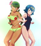  2girls :q ass-to-ass bangs black_swimsuit blue_eyes blue_hair blush breasts cleavage commentary_request covered_navel covered_nipples dark_skin eyelashes flower freckles gold_hairband green_eyes green_hair hair_flower hair_ornament hairband highres knees locked_arms long_hair mao_(pokemon) multiple_girls navel one-piece_swimsuit pink_flower pokemon pokemon_(anime) pokemon_sm_(anime) robert_m shiny shiny_hair short_hair smile suiren_(pokemon) swept_bangs swimsuit tongue tongue_out twintails 