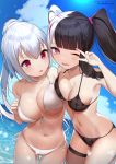  2girls :o ;d arm_up armpits asymmetrical_docking bangs bare_arms bare_shoulders bikini black_bikini black_hair blue_sky blunt_bangs breast_press breasts cleavage collarbone commentary_request cowboy_shot dated day eyebrows_visible_through_hair hakase_fuyuki highres hirota_fruit large_breasts long_hair looking_at_breasts looking_at_viewer looking_to_the_side medium_breasts multicolored_hair multiple_girls navel nijisanji ocean one_eye_closed open_mouth outdoors ponytail red_eyes red_hair silver_hair single_sidelock sky smile stomach streaked_hair swimsuit thigh_gap thigh_strap twintails twitter_username unaligned_breasts v_over_eye very_long_hair virtual_youtuber water white_bikini yorumi_rena 