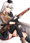  1girl absurdres assault_rifle black_gloves black_headwear black_legwear black_skirt boots brown_footwear brown_jacket character_name dragunov_svd eyebrows_visible_through_hair fingerless_gloves girls_frontline gloves grey_eyes grey_hair gun hand_on_own_knee hand_on_weapon hat highres holding holding_weapon huge_filesize jacket long_hair looking_at_viewer military military_hat military_uniform muteppona_hito rifle shirt silver_hair sitting sitting_on_floor skirt smile sniper_rifle solo svd_(girls_frontline) thighhighs uniform weapon weapon_case white_background white_shirt 