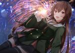  .live 1girl black_legwear brown_hair collarbone commentary_request dutch_angle fireworks headband highres long_hair looking_at_viewer namae_hamada night open_mouth red_eyes school_uniform solo thighhighs virtual_youtuber yaezawa_natori 