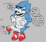  anthro apple blue_body clothing english_text eulipotyphlan food footwear fruit genitals gloves handwear hedgehog holding_object humor male mammal penis plant rml shoes simple_background sonic_the_hedgehog sonic_the_hedgehog_(series) speech_bubble text tongue tongue_out what where_is_your_god_now white_clothing white_gloves 